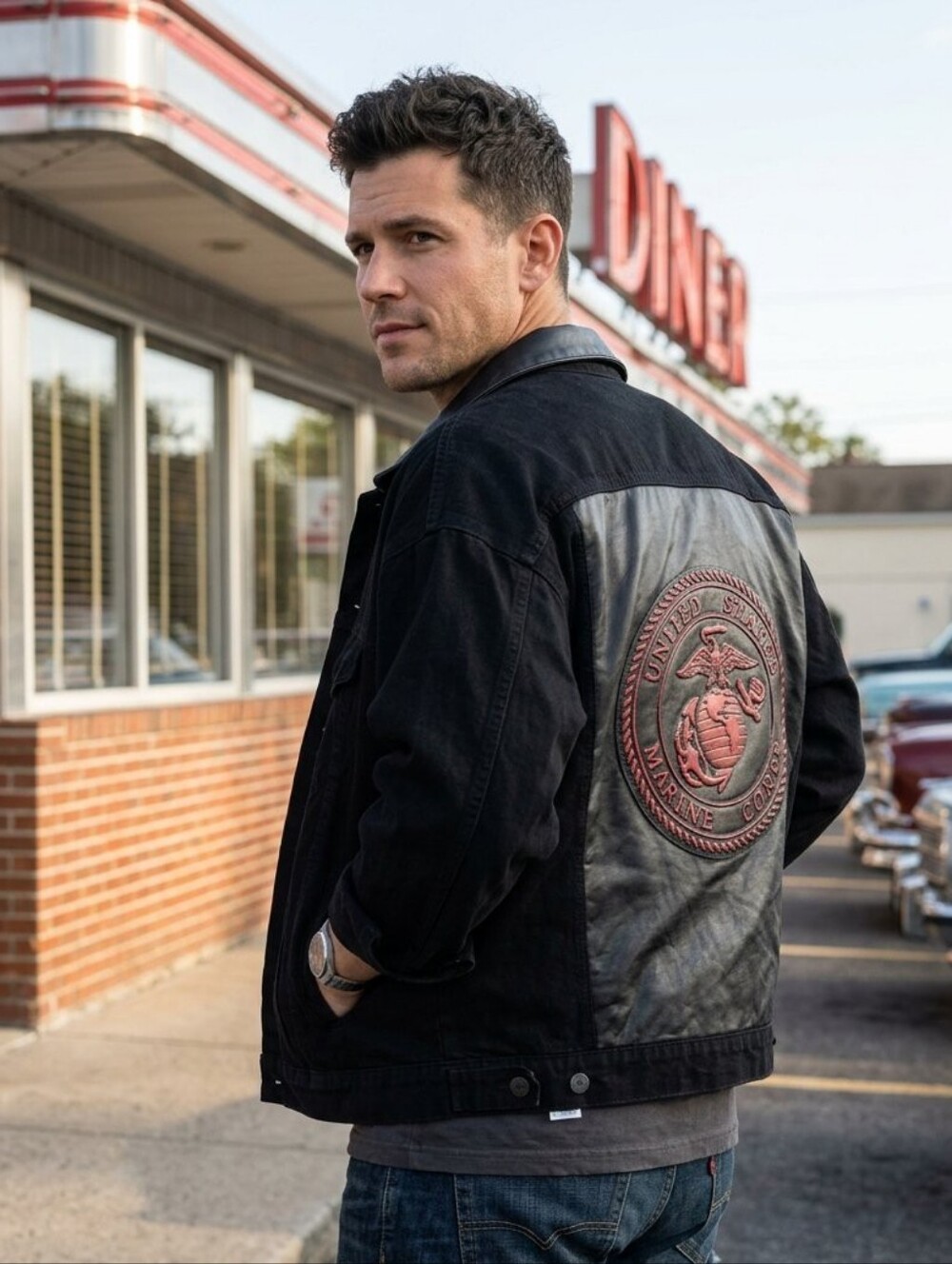 Men's Black Denim Bomber Jacket with Embossed Back Panel • XXL